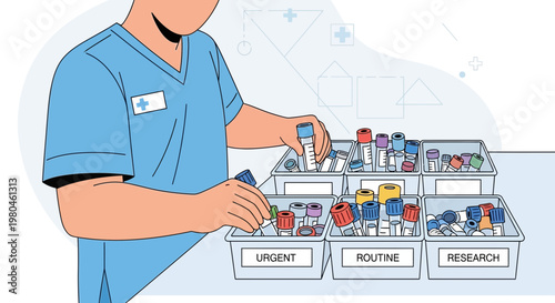 Medical professional sorts blood samples into urgent, routine, and research categories