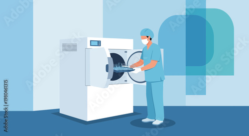 Medical professional sterilizing equipment in an autoclave at a hospital or clinic