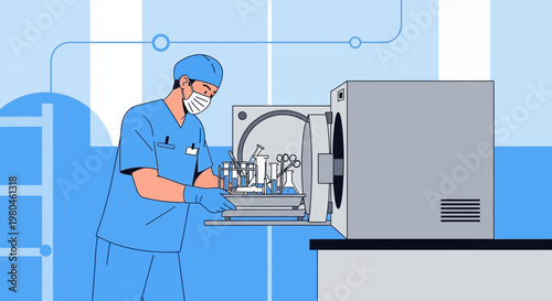 Medical professional sterilizing equipment in a laboratory using an autoclave