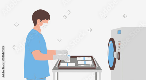 Medical professional sterilizing equipment in a cleanroom setting
