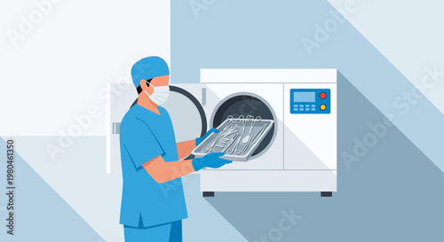 Medical professional sterilizing instruments in an autoclave machine
