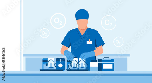 Medical Professional Sterilizing Equipment in Clean Room with Oxygen Bubbles