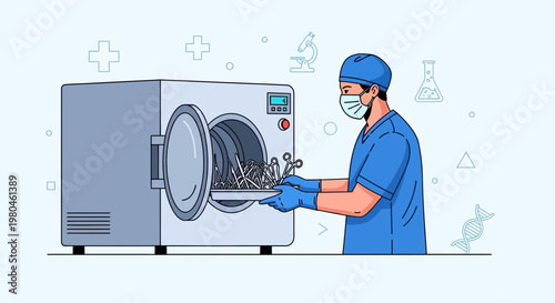 Medical professional sterilizing surgical instruments in an autoclave in a laboratory