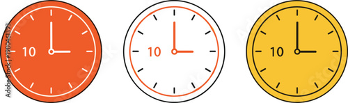 Clock Icon Set in Orange and Yellow Colors Showing Time Ten Representing Schedule, Deadline, Time Management, and Modern User Interface Design Elements