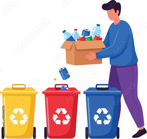 Man depositing recyclable materials into colored recycling bins correctly