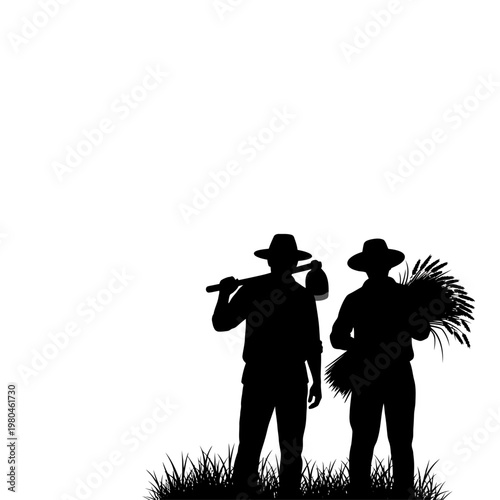 Two farmers stand in a field with tools and crops at sunset