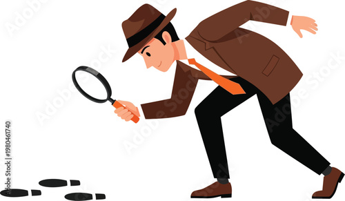 Cartoon detective examining clues with a magnifying glass closely