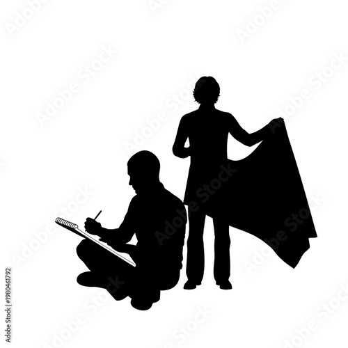 Artist draws woman wearing flowing dress standing indoors with pencil