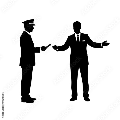 Two suited men interact, one in uniform, gesturing openly
