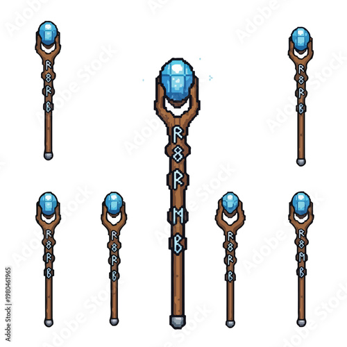 A set of fantasy pixel art wooden staves adorned with glowing blue gems and mysterious runes, perfect for a retro-style role-playing game.