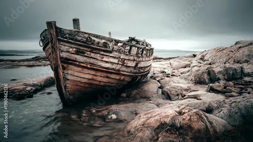 Abandoned ship resting on rocky shore under gray sky