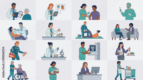 Collection of diverse medical professionals and patients in healthcare scenes including consultation diagnosis treatment and hospital care illustrated in modern flat style