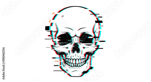 Glitch skull illustration with red and blue chromatic aberration effect