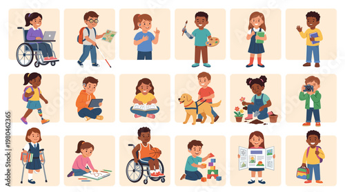 Children activities set with kids playing, studying, reading, and interacting. Flat vector illustration showing childhood development, education, and playful daily life.