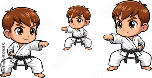Cute chibi boy character wearing a traditional white karate gi with a black belt performing dynamic martial arts punching poses in this set of three isolated white background digital illustrations