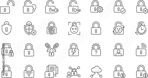 Minimal outline cybersecurity and access control icon set featuring lock system authentication network protection symbols for digital interface design