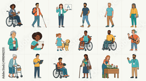 Diverse people including elderly and disabled individuals with wheelchairs and daily activities. Flat vector set showing inclusion, accessibility, and everyday life situations.