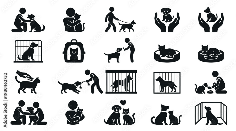 Fototapeta premium Pet Care and Animal Welfare Glyph Icons: Dog, Cat, Adoption, Shelter, Ownership