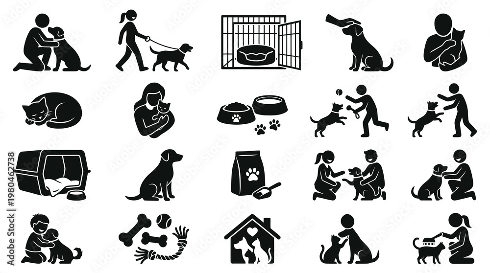 Obraz premium Pet Care Animal Welfare Glyph Icons Set. Black White Silhouettes of Pet Ownership
