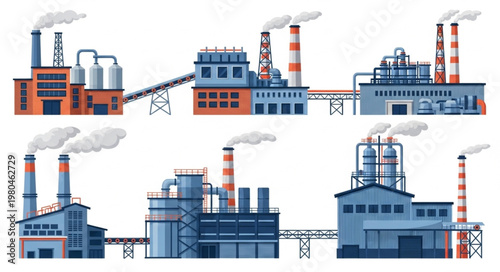 Industrial factory buildings with smoke stacks emitting pollution.