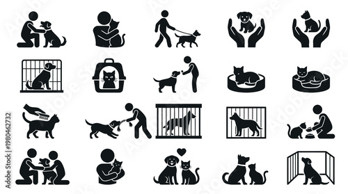 Pet Care and Animal Welfare Glyph Icons: Dog, Cat, Adoption, Shelter, Ownership