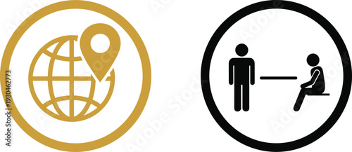 Global Location and Social Distancing Icon Set with World Map Pin and Safe Distance Symbols Representing Navigation, Safety Guidelines, and Public Awareness Concepts