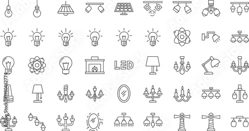 Minimal Lighting Line Icon Set Including Light Bulbs Chandeliers Lamps LED Fixtures Ceiling Lights and Illumination Symbols