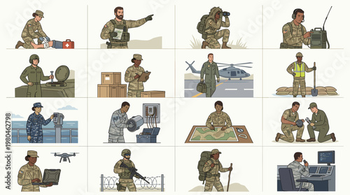 Military soldiers in various combat and support roles with weapons, equipment, and vehicles. Flat vector set showing army operations, defense tasks, and tactical activities.