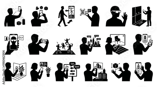 Augmented Reality Icons: Technology, Interaction, Innovation, Black  White Glyph Style