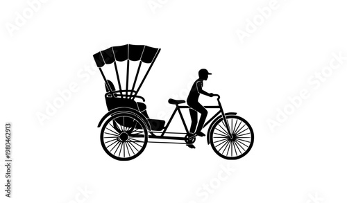 Rickshaw silhouette icon vector with traditional Asian bicycle taxi for travel and tourism design