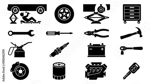 Automotive Car Repair Service Maintenance Tools and Parts Glyph Icons Set Vector