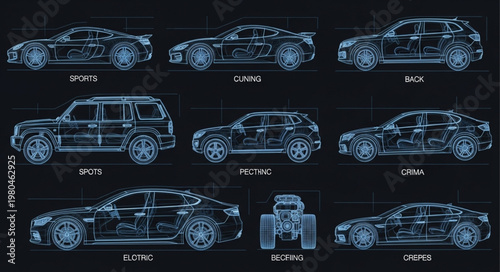Collection of futuristic car blueprints and schematics on a dark background.