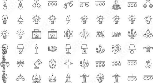 Minimal Lighting Line Icon Set Featuring Light Bulbs Lamps Chandeliers LED Fixtures Ceiling Lights and Illumination Symbols