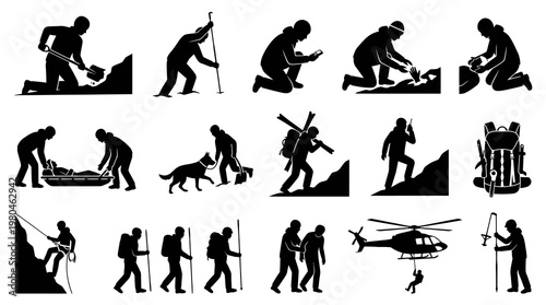 Mountain Rescue and Outdoor Adventure Black  White Glyph Silhouettes Set