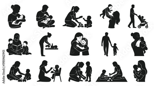 Family Parenting Silhouettes Set - Mother, Father, Baby, Child Care Icons Glyph Style