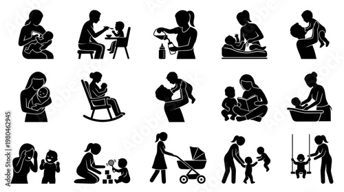 Newborn Baby and Toddler Parenting Daily Routine Glyph Icons Set