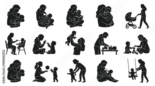 Motherhood Black and White Silhouettes: Nurturing, Care, Family Love Icons