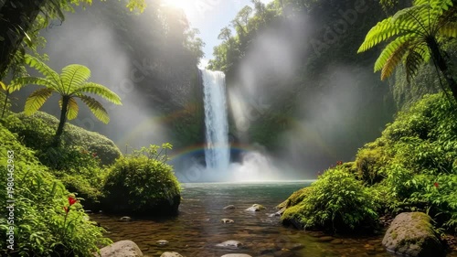Waterfall cascade in lush forest with sunlight and rainbow