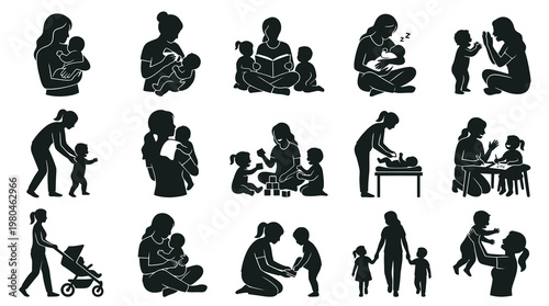 Motherhood and Childcare Silhouettes: Parent-Baby Activities and Nurturing