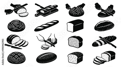 Black and White Icons of Bread Slices, Loaves and Baking Process