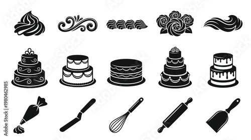 Baking Confectionery Glyph Icons: Cakes, Desserts, Frosting  Kitchen Tools Set