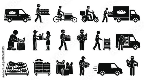 Food and Bakery Delivery Service Glyph Icons. Bread Production, Transportation and Distribution Pictogram Set.