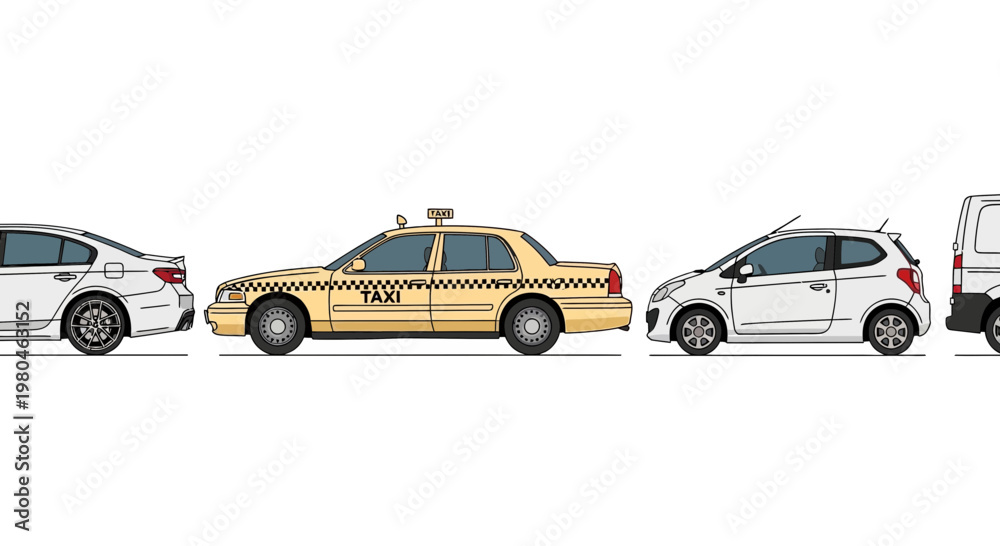 Naklejka premium Various cars in line against a white background transportation concept