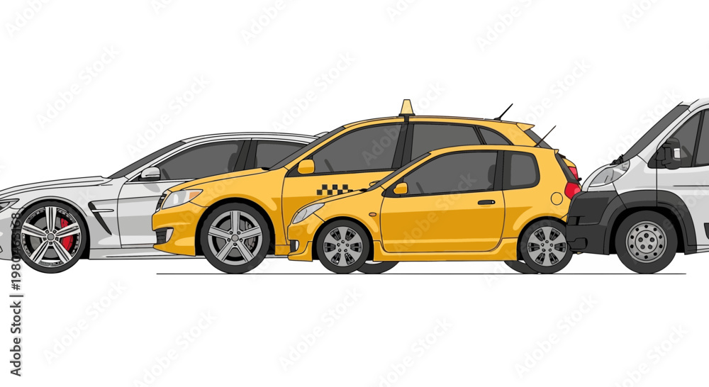 Fototapeta premium Various cars sedan taxi hatchback and van isolated on white background
