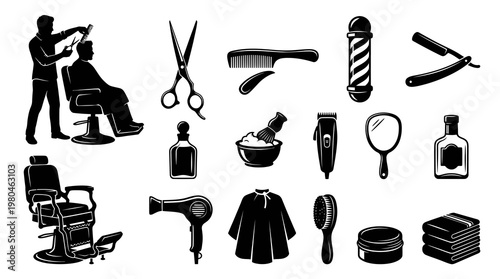 Barber Shop  Hairdressing Tools Black  White Glyph Icon Set
