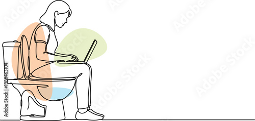 Young professional woman sitting on a toilet while working on her laptop computer because she is busy multitasking during her day as a dedicated remote worker striving for constant productivity