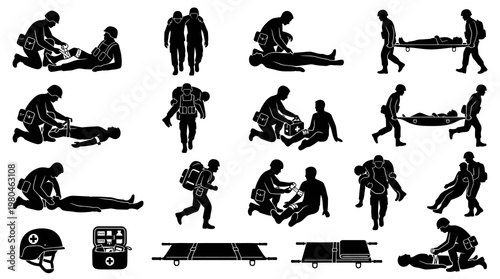 Military Emergency First Aid and Rescue Medical Silhouette Glyph Icons