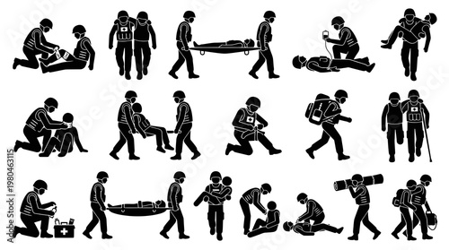 Medical Aid and Rescue Icons - Black and White Vector Illustrations