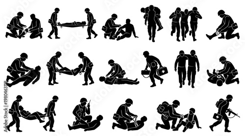 Military Medics First Aid Silhouette Vector Set - Soldier Emergency Medical Assistance Icons