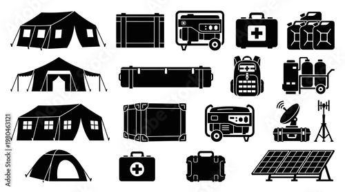 Disaster Relief Emergency Aid Equipment Glyph Icons Set